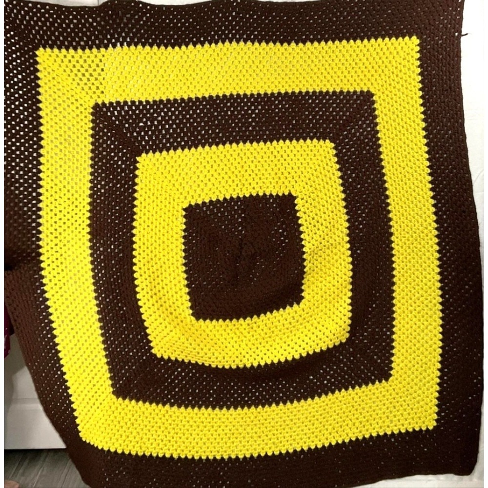 Handmade Knit Afghan Throw Blanket 60 In Brown Yellow Geometric Vintage Retro